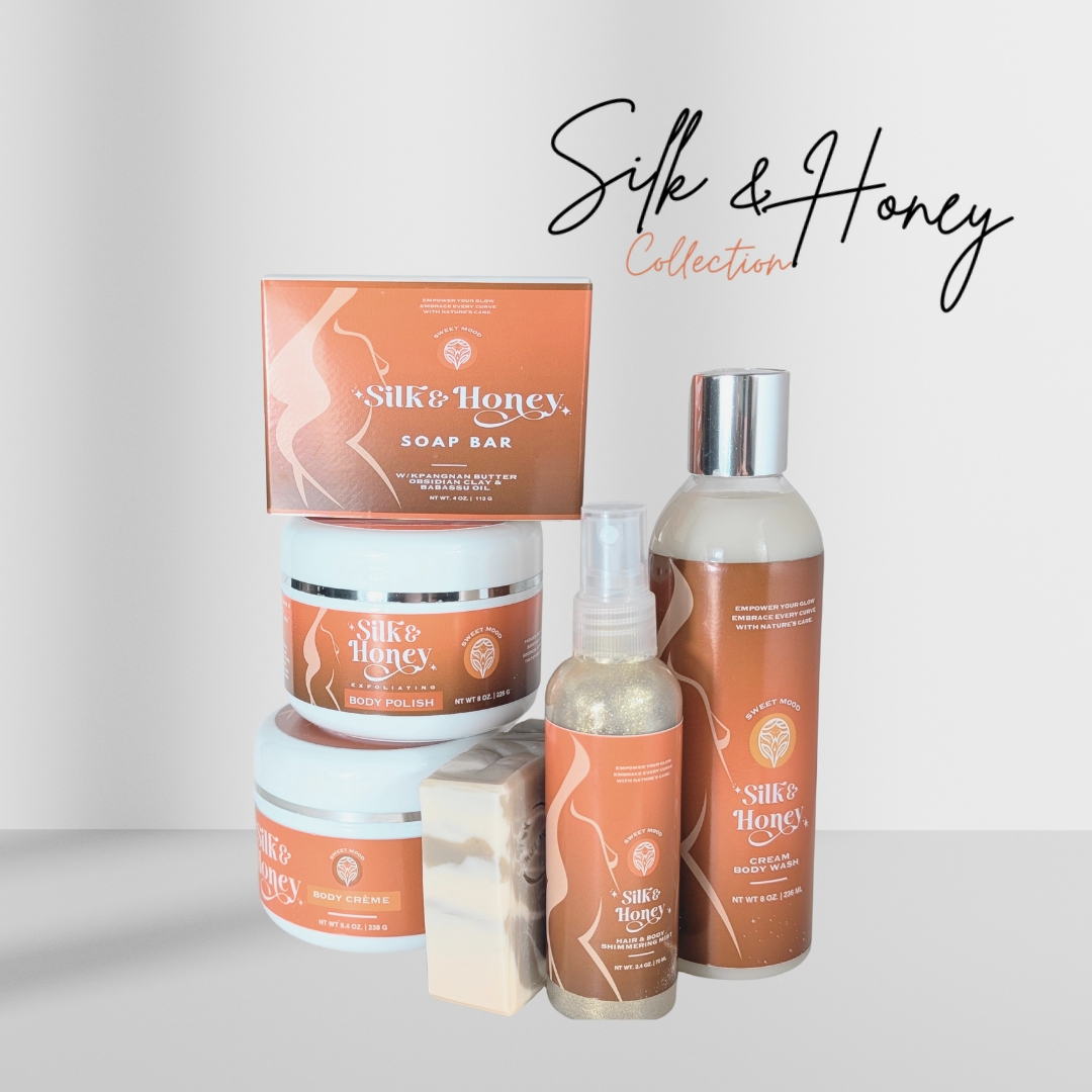 Women's Silk and Honey Body Care Collection with hair and body bar, body lotion, body polish, body wash, and body spray